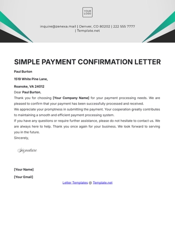 Free Simple Payment Confirmation Letter Template to Edit Online