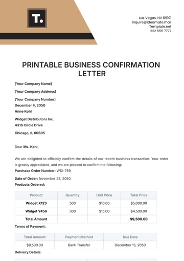 Free Printable Business Confirmation Letter Template to Edit Online