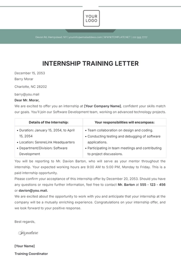 Free Internship Training Letter Template to Edit Online