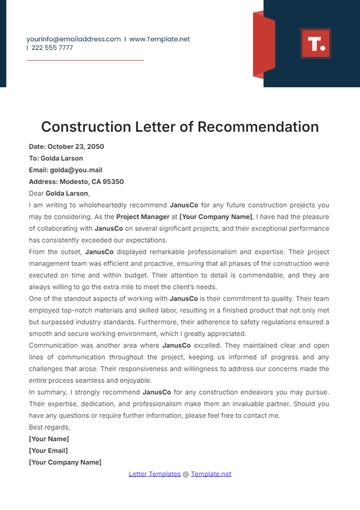 Free Construction Letter of Recommendation Template to Edit Online