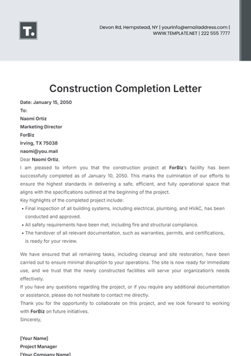 Free Construction Completion Letter Template to Edit Online