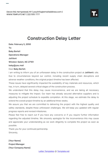 Free Construction Delay Letter Template to Edit Online