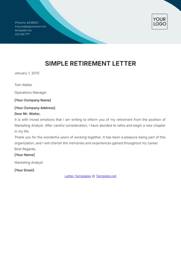 Free Simple Retirement Letter Template to Edit Online
