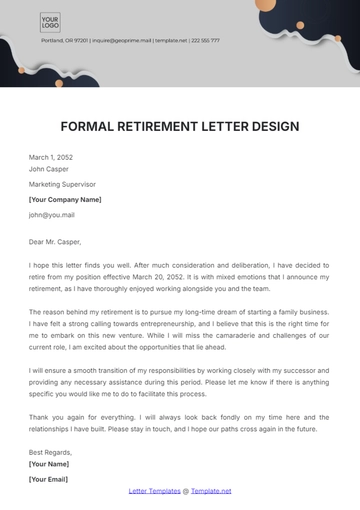 Free Formal Retirement Letter Design Template to Edit Online