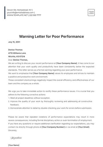 Free Warning Letter Template for Poor Performance to Edit Online