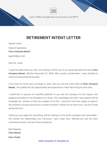 Free Retirement Intent Letter Template to Edit Online