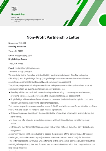 Free Non-Profit Partnership Letter Template to Edit Online