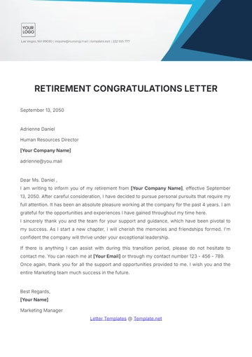 Free Retirement Congratulations Letter Template to Edit Online