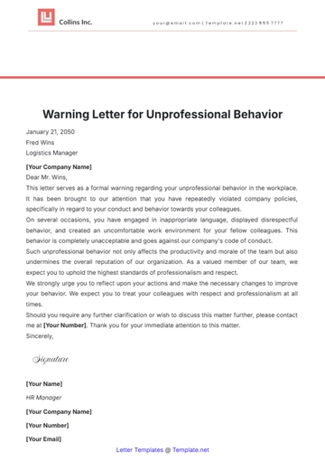Free Warning Letter for Unprofessional Behavior Template to Edit Online