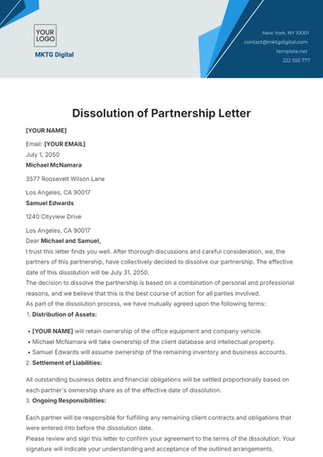 Free Dissolution of Partnership Letter Template to Edit Online