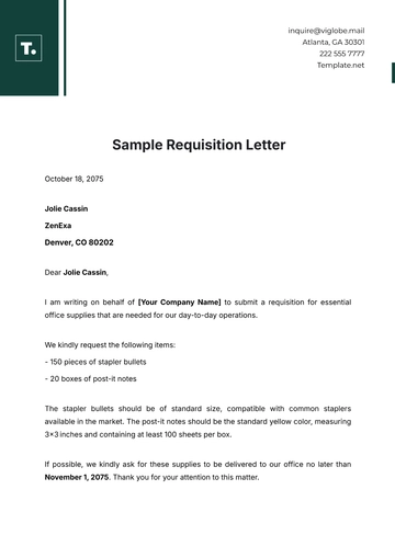 Free Sample Requisition Letter Template to Edit Online