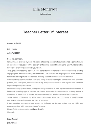 Free Teacher Letter Of Interest Template to Edit Online