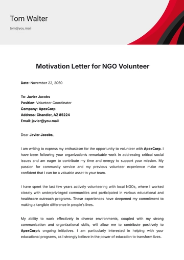 Free Motivation Letter for NGO Volunteer Template to Edit Online