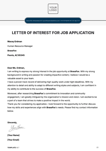 Free Letter of Interest Template for Job Application to Edit Online