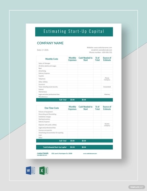 Blank Startup Capital Estimate Template