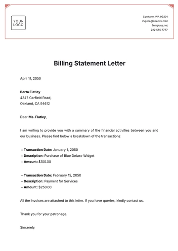 Free Billing Statement Letter Template to Edit Online