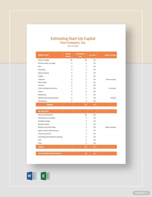 Start-up Capital Estimate Template