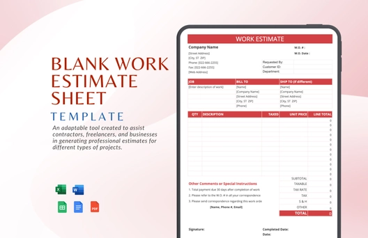 Blank Work Estimate Sheet Template