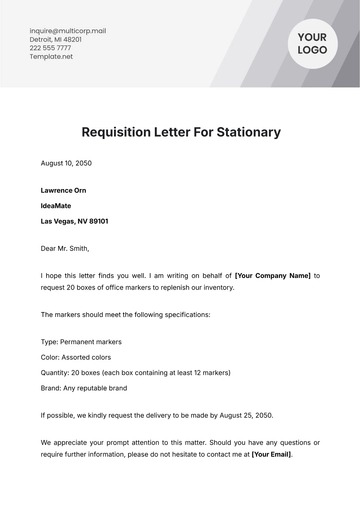 Free Requisition Letter for Stationery Template to Edit Online