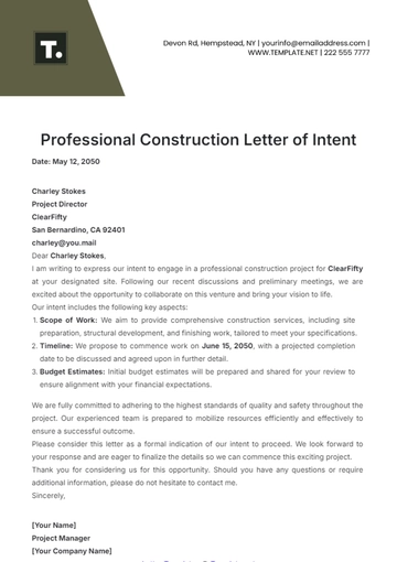 Free Professional Construction Letter of Intent Template to Edit Online