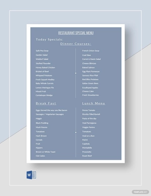 Restaurant Special Menu Inventory Template
