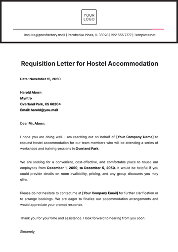 Free Requisition Letter for Hostel Accommodation Template to Edit Online