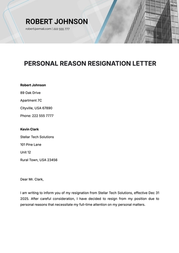 Free Personal Reason Resignation Letter Template to Edit Online