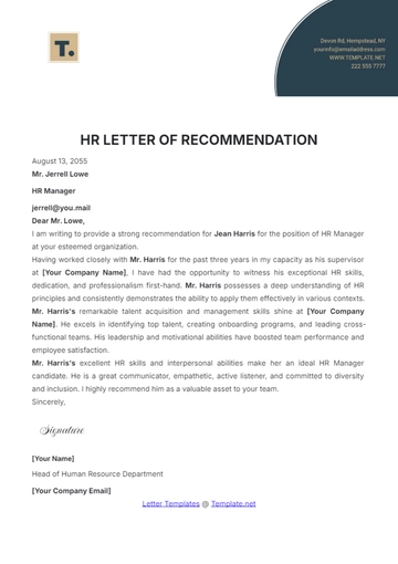Free HR Letter of Recommendation Template to Edit Online