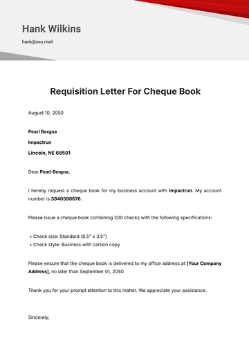 Free Requisition Letter for Cheque Book Template to Edit Online
