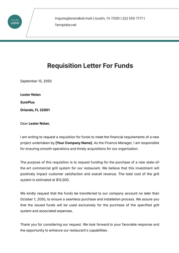 Free Requisition Letter for Funds Template to Edit Online