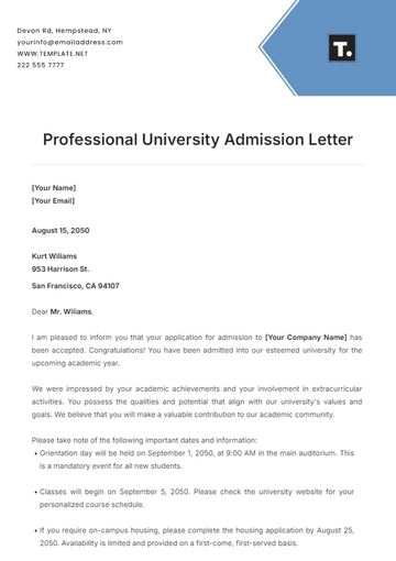 Free Professional University Admission Letter Template to Edit Online
