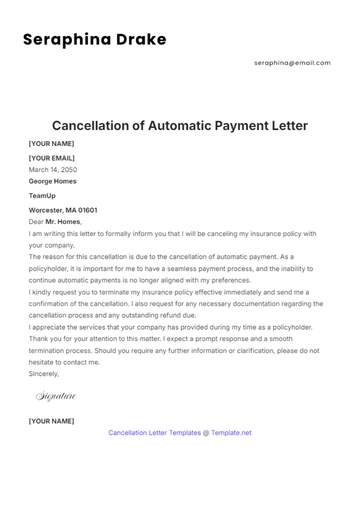 Free Cancellation of Automatic Payment Letter Template to Edit Online