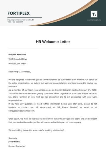 Free HR Welcome Letter Template to Edit Online