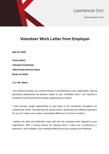 Free Volunteer Work Letter from Employer Template to Edit Online