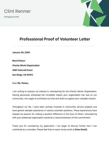 Free Professional Proof of Volunteer Letter Template to Edit Online