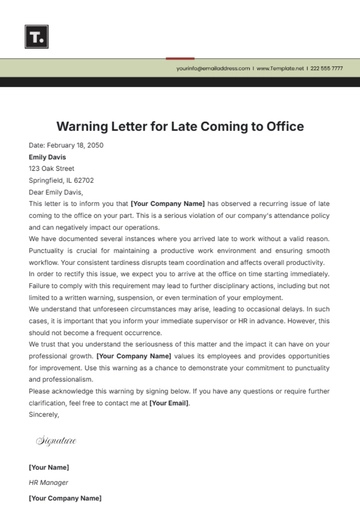 Free Warning Letter For Late Coming To Office Template to Edit Online