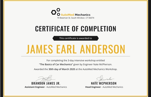 Car Workshop Experience Certificate Template