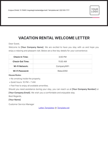 Free Vacation Rental Welcome Letter Template to Edit Online