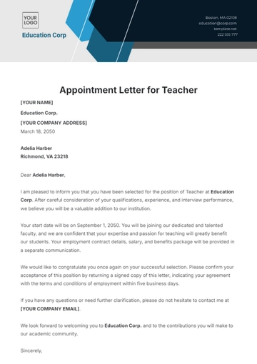 Free Appointment Letter for Teacher Template to Edit Online