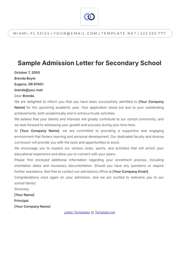 Free Sample Admission Letter for Secondary School Template to Edit Online