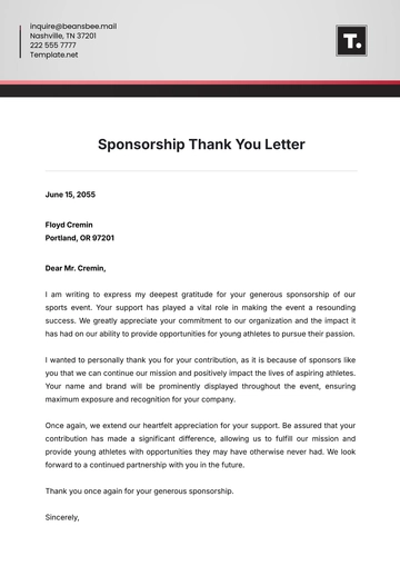 Free Sponsorship Thank You Letter Template to Edit Online