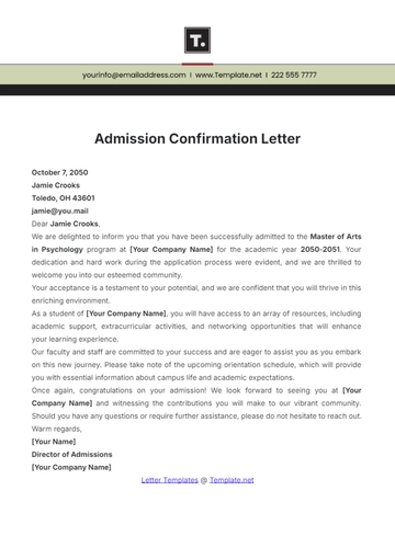 Free Admission Confirmation Letter Template to Edit Online