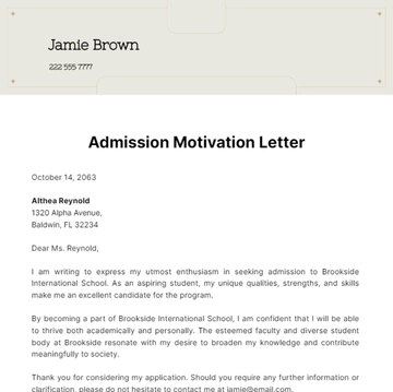 Free Admission Motivation Letter Template to Edit Online