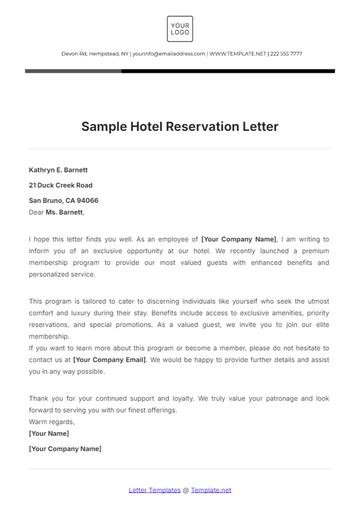 Free Sample Hotel Reservation Letter Template to Edit Online