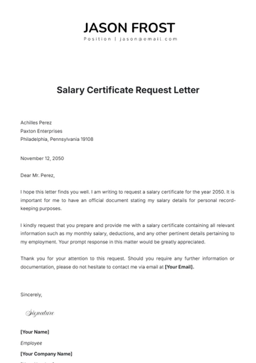 Free Salary Certificate Request Letter Template to Edit Online