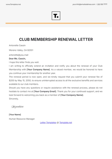 Free Club Membership Renewal Letter Template to Edit Online