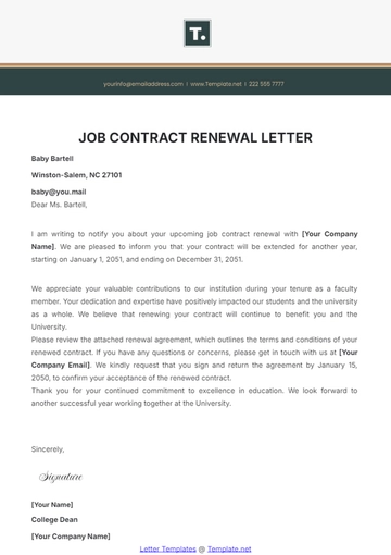 Free Job Contract Renewal Letter Template to Edit Online