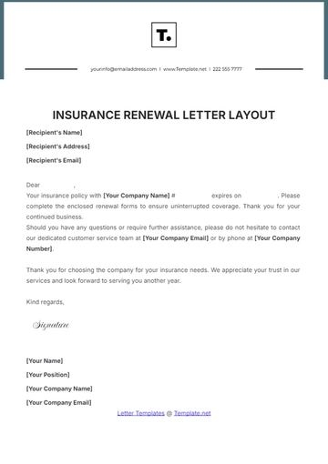 Free Insurance Renewal Letter Layout Template to Edit Online