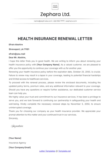 Free Health Insurance Renewal Letter Template to Edit Online