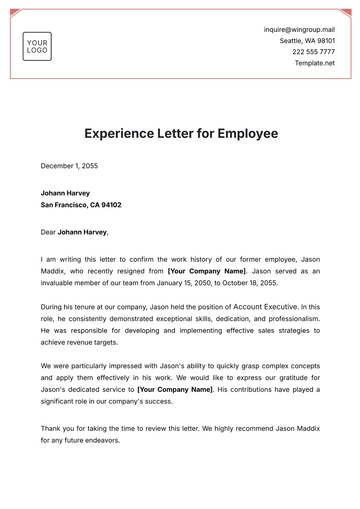 Free Experience Letter for Employee Template to Edit Online